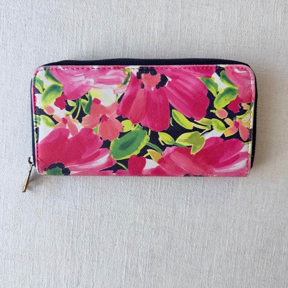 Trina Turk Pink Floral Zip Around Wallet Maximalist Preppy Continental